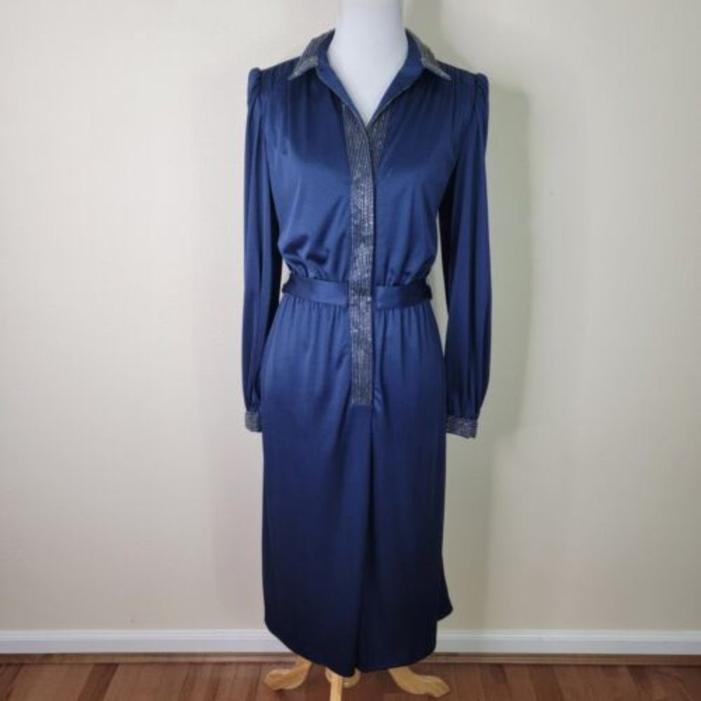 VTG 70s Women's Custom Made Long Sleeve Beaded Stretch navy Blue Evening Dress